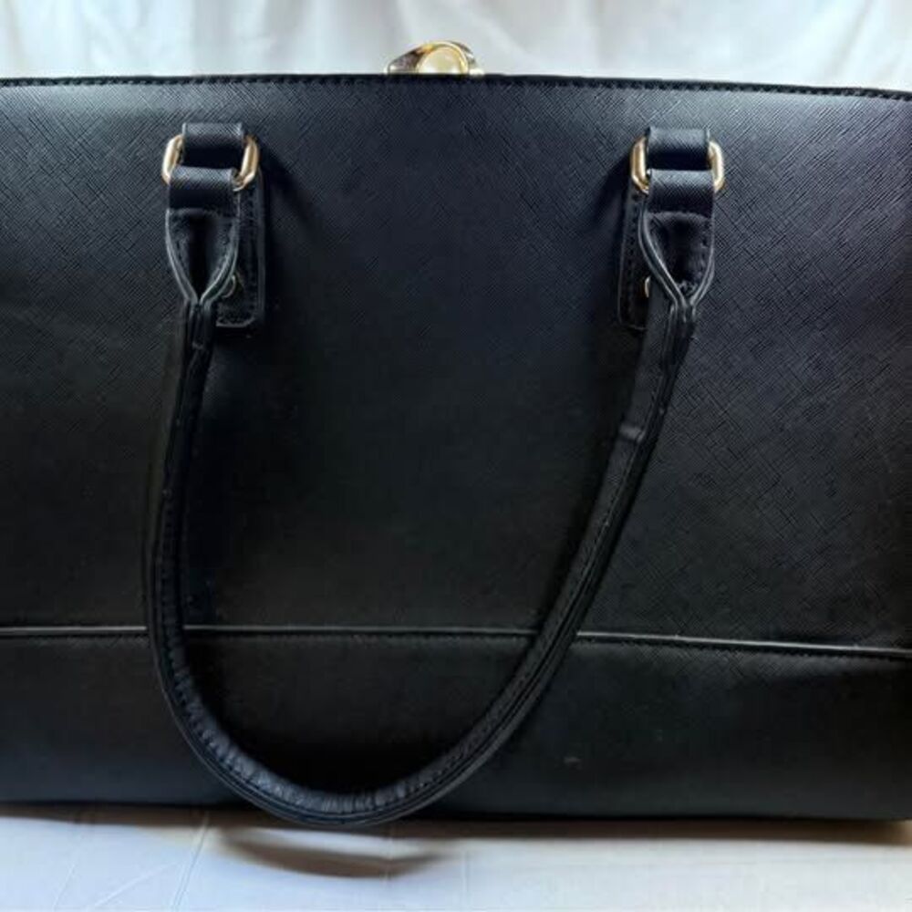 Black Structured Handbag Gold Eye Clasp Chain Print Lining Vintage Style